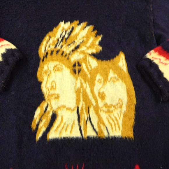 Indian Wool Jacket Mens L Black Hooded Zip Chief Wolf Aztec Navajo Sweater - Picture 6 of 13